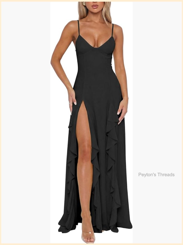 Elegant V-Neck Spaghetti Strap Maxi Dress With Side Slit For Formal Occasions